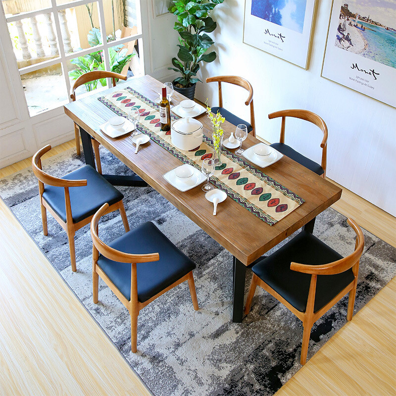 淮木主题餐桌实木咖啡厅餐饮店桌椅组合现代简约小户型长条餐桌吃饭桌 220*90*75木板8cm