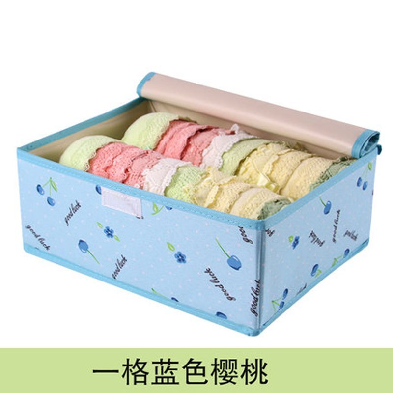 时尚加厚内衣收纳盒子布艺内裤整理箱牛津布袜子内衣内裤收纳盒二合一糖果色现代简约生活日用收纳_2 一格蓝色樱桃