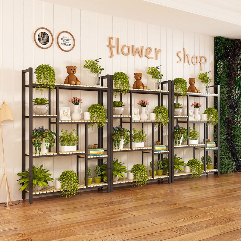 艺实木多层花架置物架花店展示架盆景绿萝花盆架落地式阳台花架_7 四层（黑架+碳化色）120长*30宽*155高