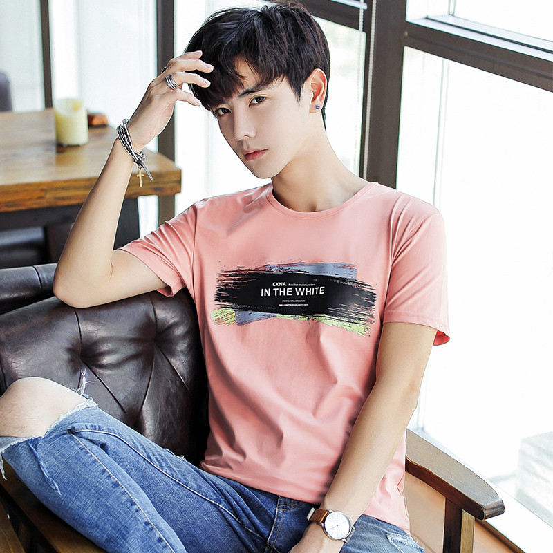 太子龙正品男装2018夏季新款男士短袖T恤夏季潮学生体恤圆领修身印花半袖丅恤打底衫 XXXL 粉色