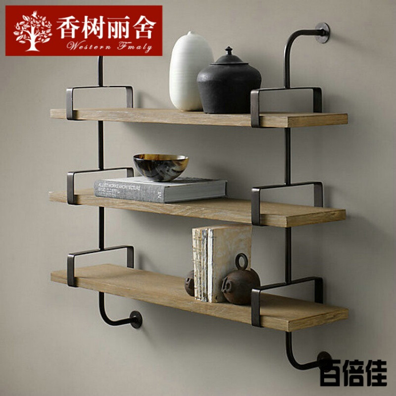 新款创意复古隔板架实木壁挂架美式仿古书架铁艺隔板架墙壁置物架博古架 双层长120*26*80