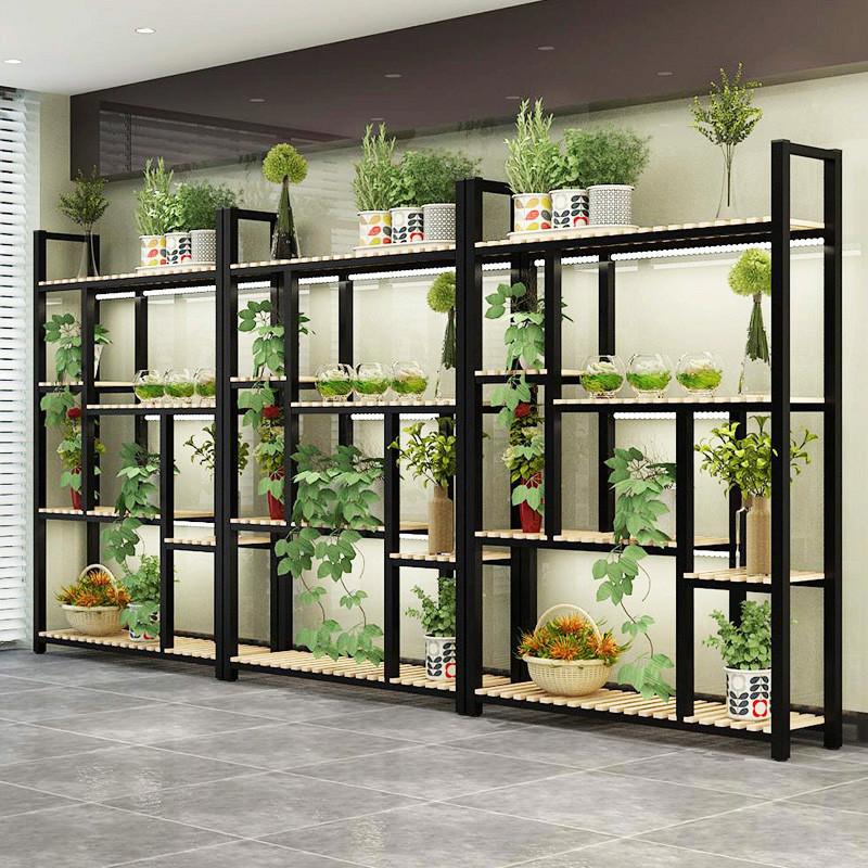 阳台花架绿萝置物架多肉铁艺室内多层实木落地式多功能花店展示架_7 三层（白架+碳化色）100长*30宽*107高