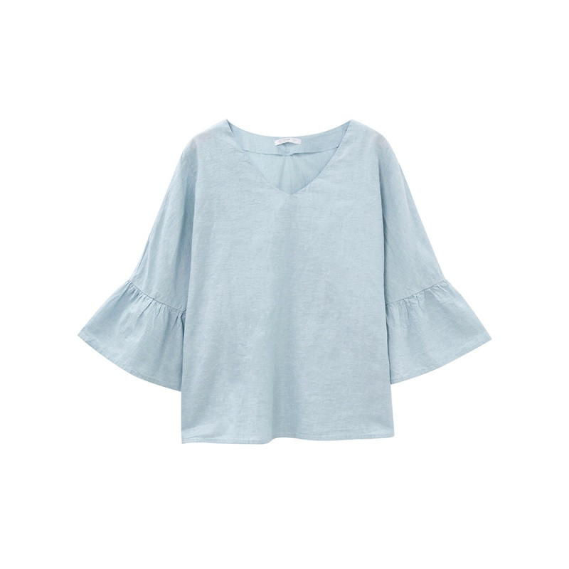 美特斯邦威衬衫女装棉麻纯色七分喇叭袖225748_1 175/96A/XXL 罗纳蓝40