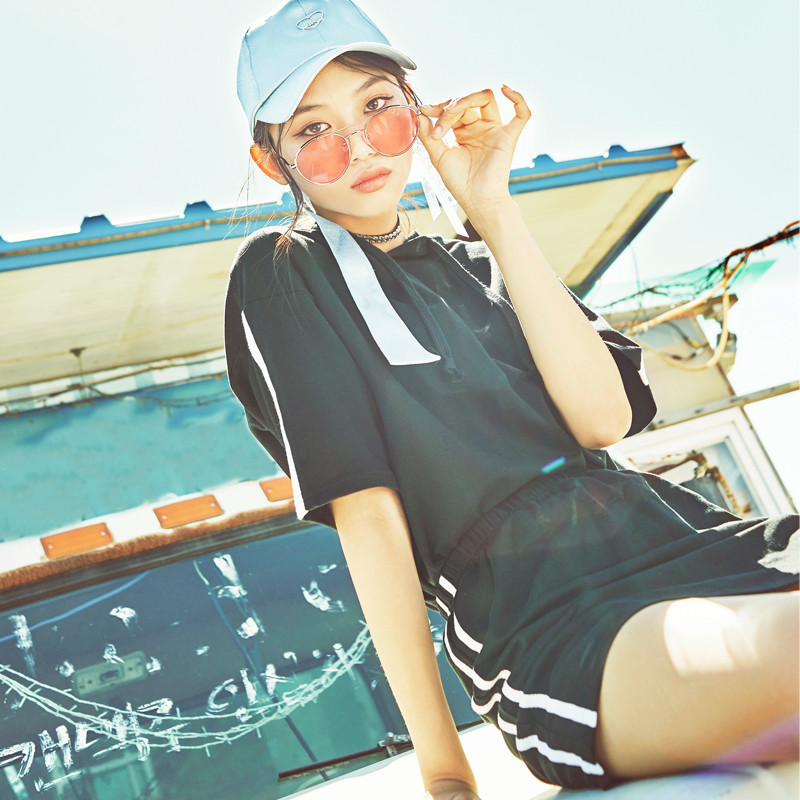 韩都衣舍2018韩版女装夏装新款宽松连帽休闲运动套装DT7780樱_1 L 黑色