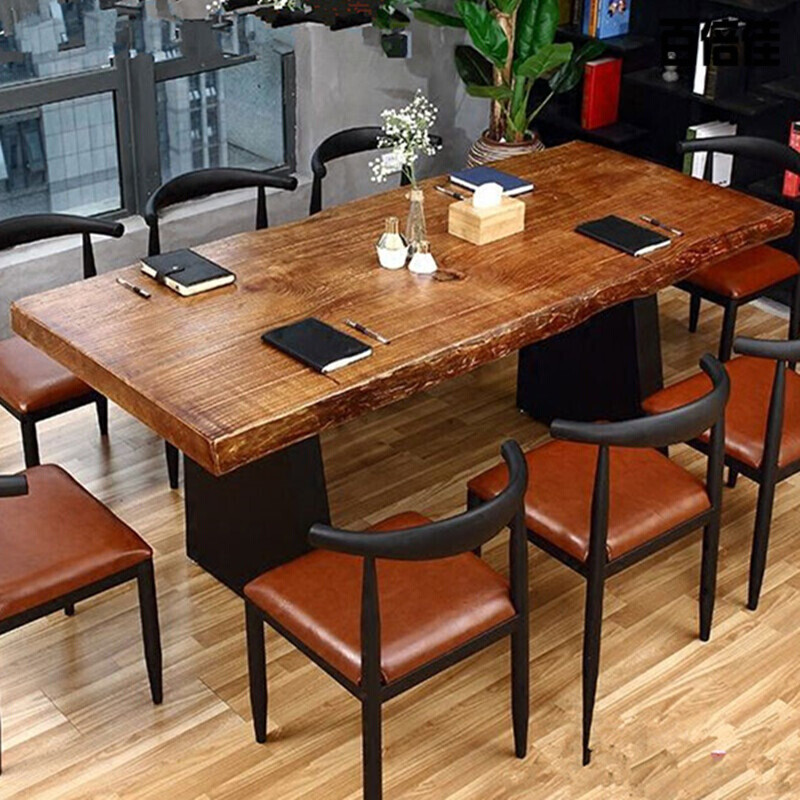 新款创意美式复古铁艺餐桌工业风格长方桌子实木家具大工作台办公会议桌 140*65*75松木8公分