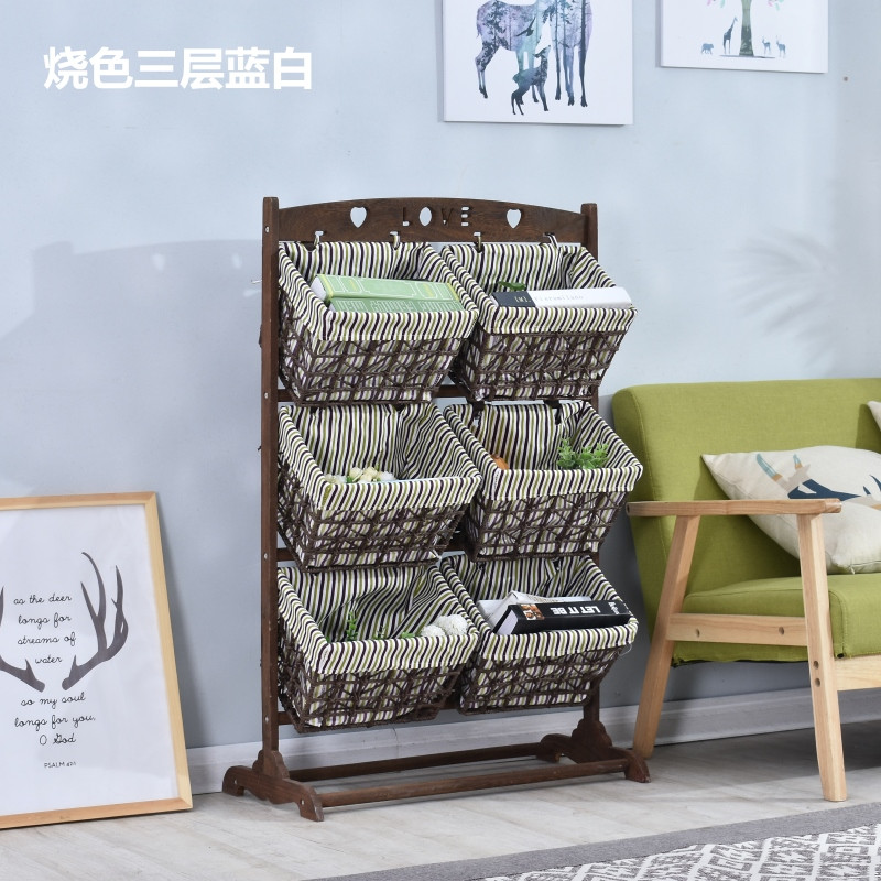 实木置物架玩具收纳架卧室客厅现代通用书报架藤编多层储物吊篮落_8 双排烧色三层蓝白