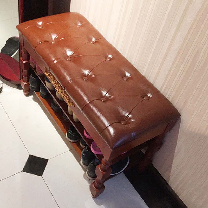 美式换鞋凳鞋柜门口储物实木经济型穿鞋凳欧式真皮拉扣鞋凳式鞋架_6 樱桃色+樱桃色翻盖90*30*48CM（PU皮）