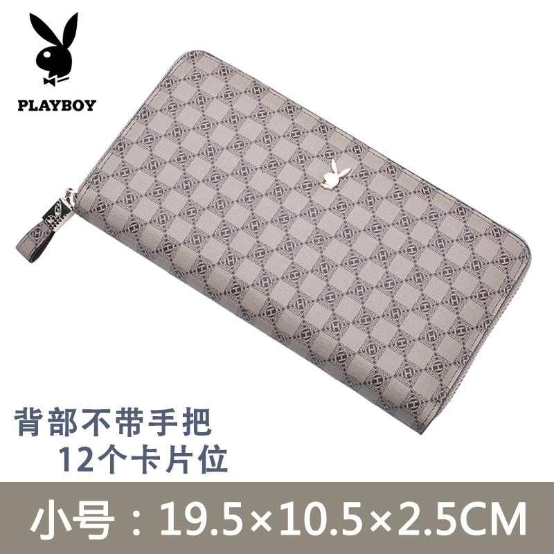 花花公子新品PVC男士手拿包长款钱夹女士钱包带拉链手包商务日韩 卡其小号背部手把