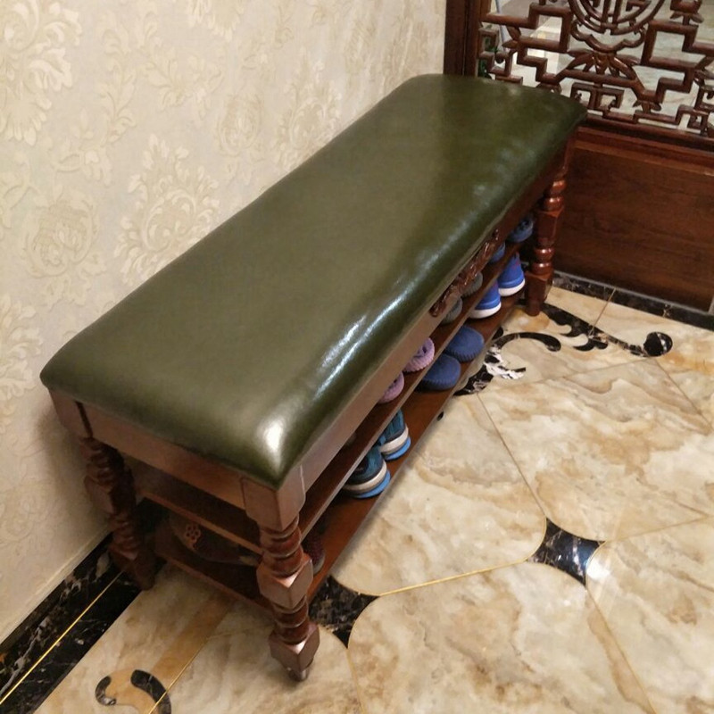 美式换鞋凳储物收纳凳鞋柜玄关多层鞋架实木试鞋凳欧式穿鞋凳子_6 80CM樱+橄榄绿二层真皮翻盖