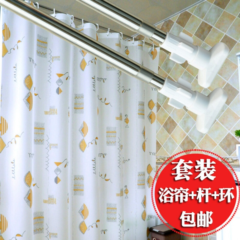 浴室浴帘布伸缩杆套装防水防霉遮挡帘窗帘挂帘卫生间保暖隔帘子_9 默认尺寸 套装180宽*200高+2.0杆+环