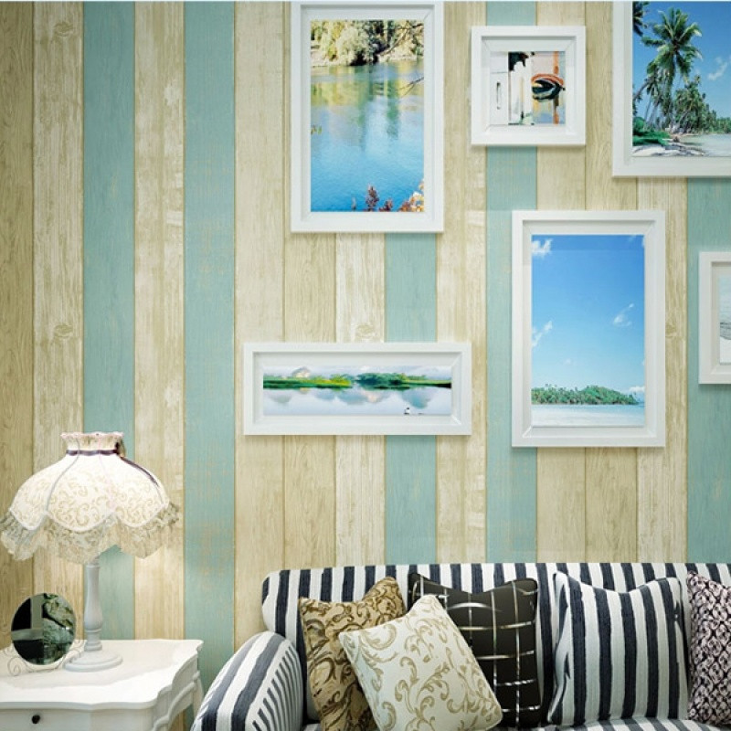 美式乡村壁纸卧室复古竖条木纹做旧客厅地中海墙纸无纺布 蔚蓝色