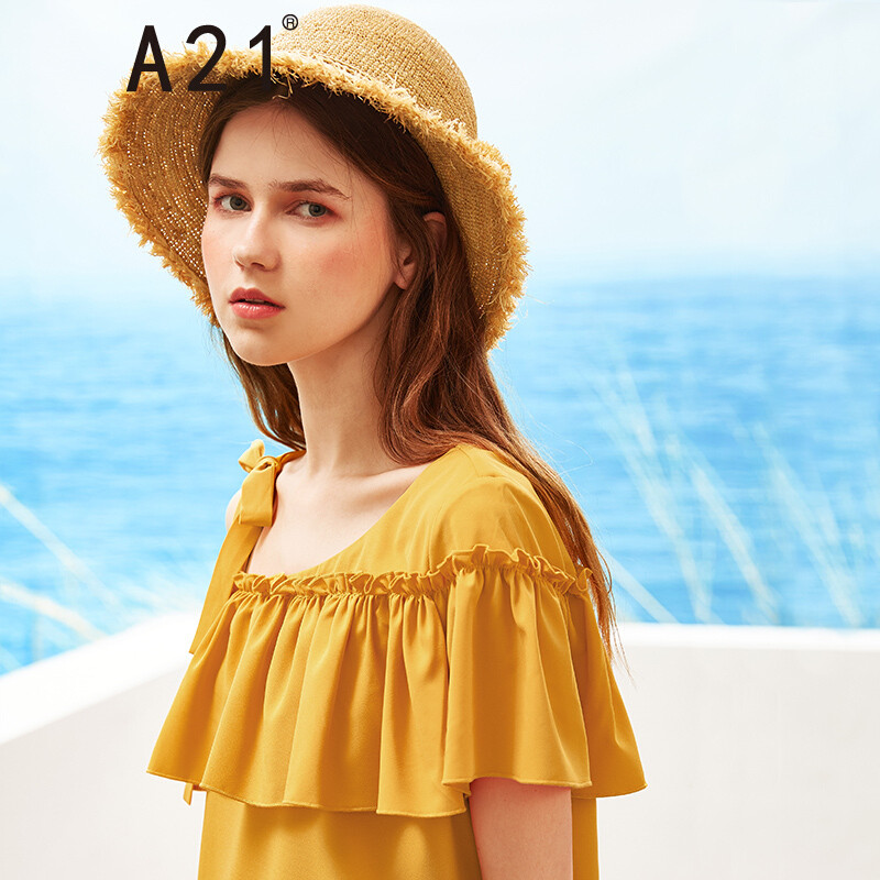 A21以纯线上品牌2018夏装新品蝴蝶结衬衫女露肩荷叶边短袖衬衣女4822180023 155/80A/S 桔黄