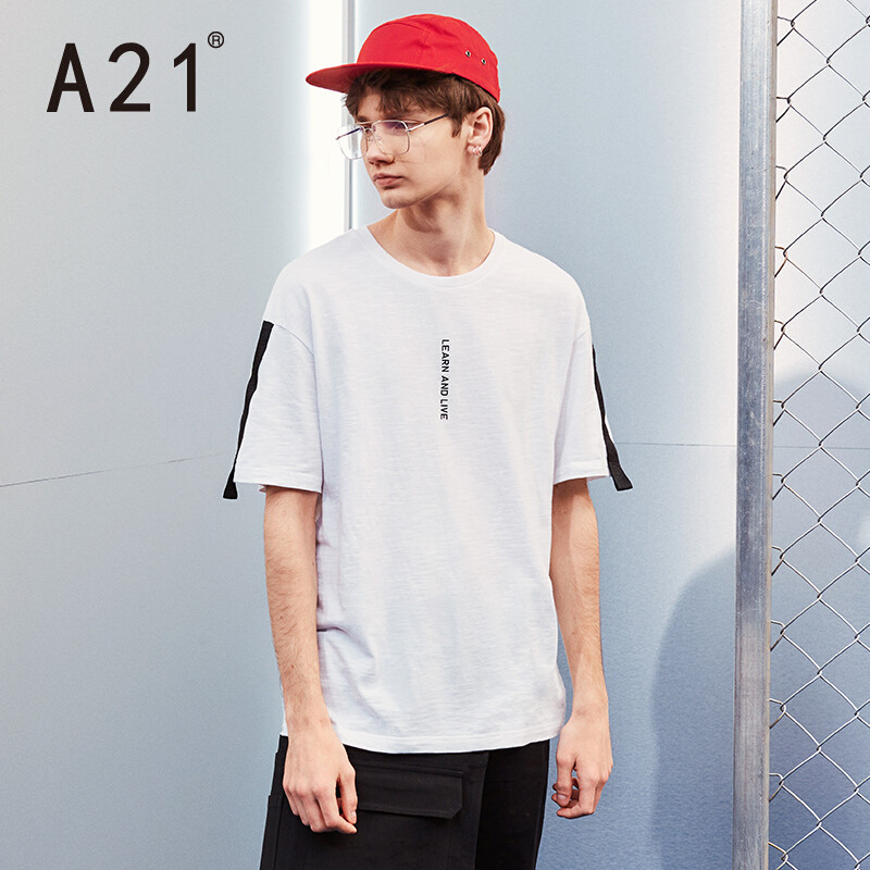 A21以纯线上品牌2018夏季新品男装短袖T恤男宽松圆领短袖男T恤4821330084 170/84A/M 特白