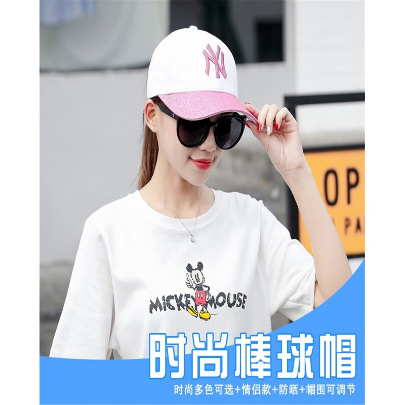 情侣韩版棒球帽女夏天潮牌帽子休闲纯黑白色帽子女百搭鸭舌帽出游_2 白粉亮片N