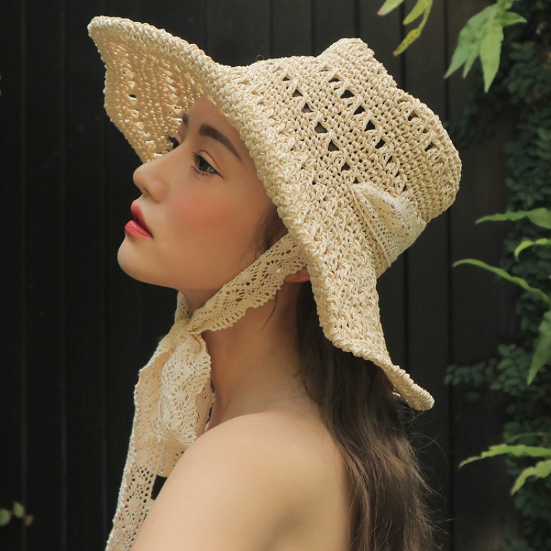 桂兰珊（Guilanshan）夏季遮阳草帽女蕾丝绑带太阳帽防风沙滩帽折叠旅行拍照镂空手工_2 米色