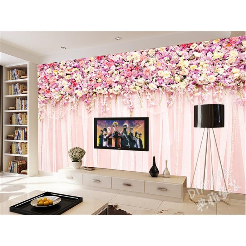 温馨粉色花卉蔷薇粉色纱帘墙纸卧室客厅沙电视背景走廊壁画壁纸_4 高档无缝珍珠（整幅）/平方