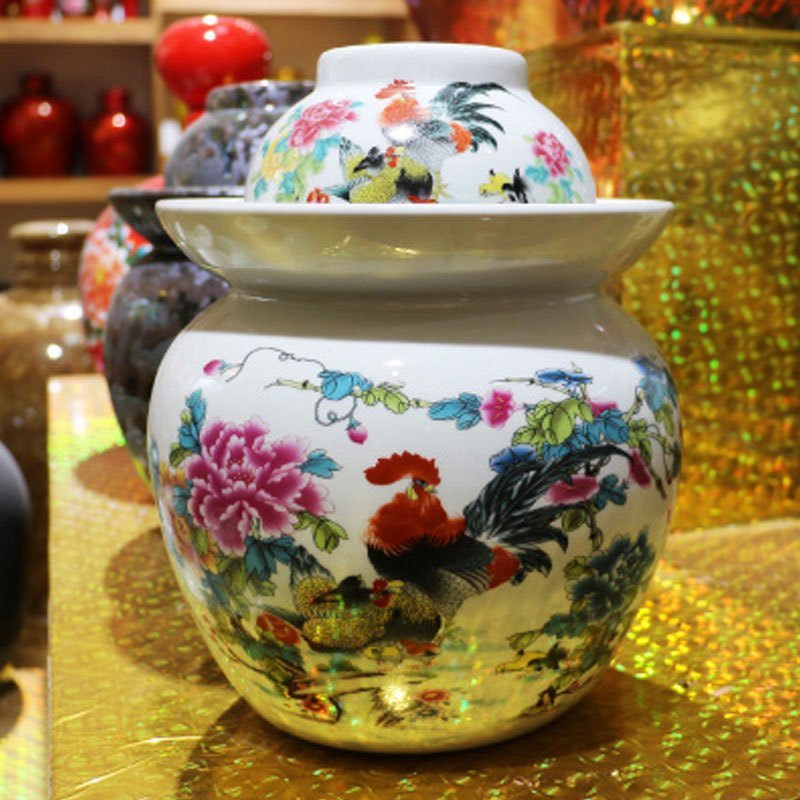 泡菜坛子家用加厚非玻璃泡菜坛四川腌菜储物清仓大号密封罐酵素桶多色多款多功能生活日用收纳用品_9 五彩锦鸡中号