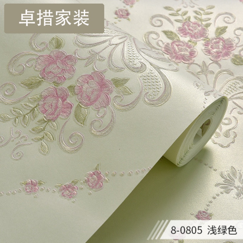 欧式田园无纺布墙纸3D立体浮雕客厅卧室婚房温馨沙背景墙纸_5_1 浅绿色8-0805