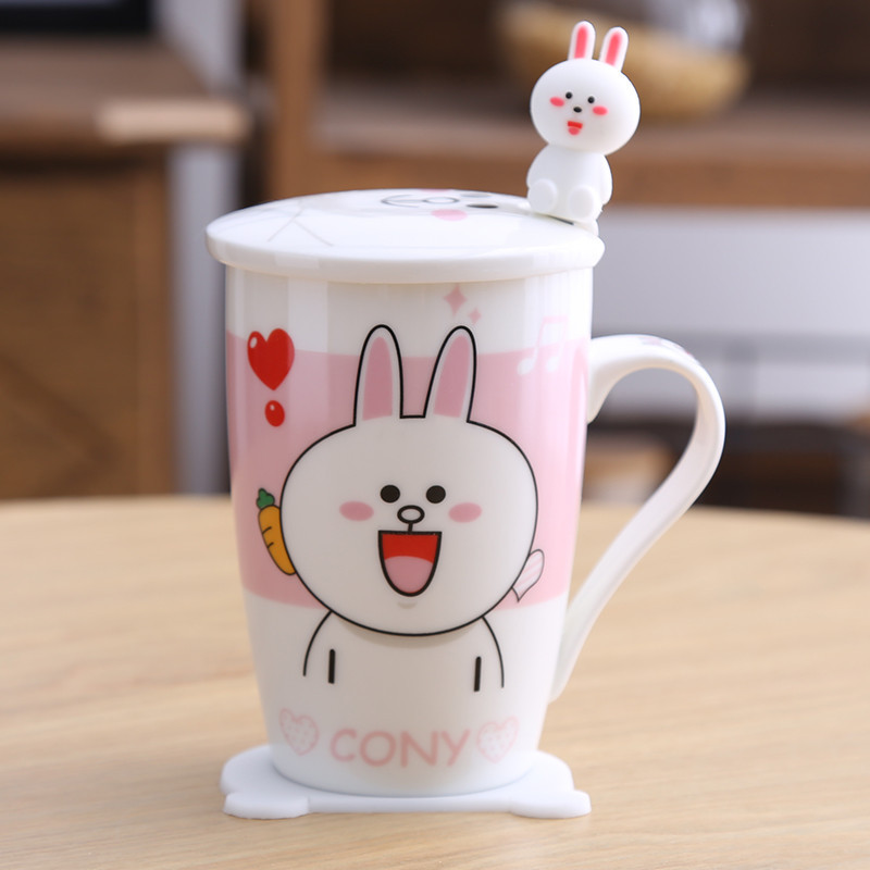 创意陶瓷杯子马克杯情侣水杯咖啡杯牛奶杯儿童卡通杯早餐杯带盖勺生活日用水具水壶带盖冷水壶水具_9_9 兔子A款（配公仔勺）