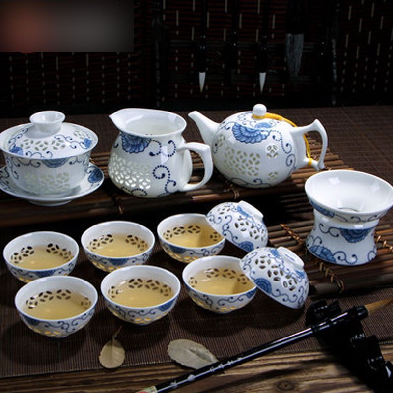 玲珑青花瓷茶具套装礼盒家用景德镇陶瓷功夫茶杯镂空盖碗整套多色多款生活日用家庭清洁生活日用家_9 半边花【15头】