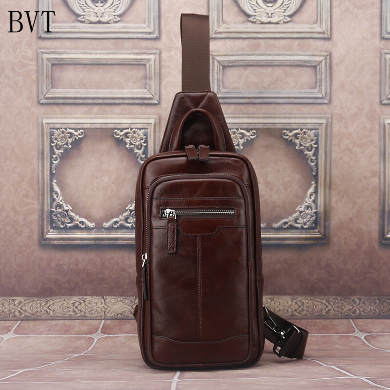 BVT胸包男小包真皮单肩斜挎包迷你简约小号斜跨背包头层牛皮手提男包 咖色