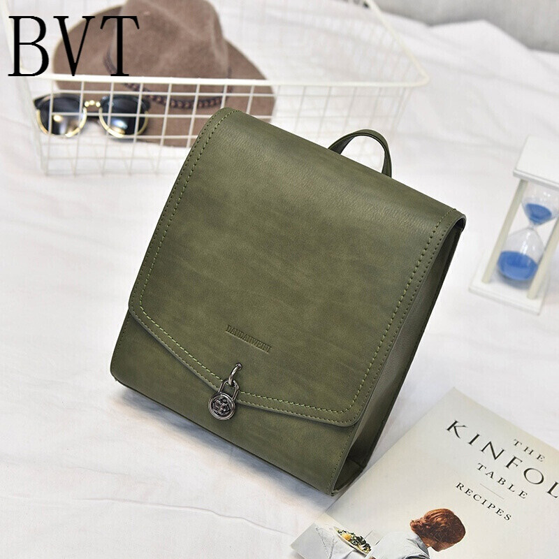 BVT韩版新款学院风女包防盗学生书包英伦复古双肩包潮百搭小背包 绿色
