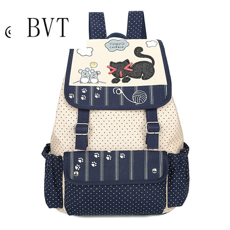 BVT书包女新款中学生书包双肩包女帆布初中生学生书包学院风背包女 蓝色