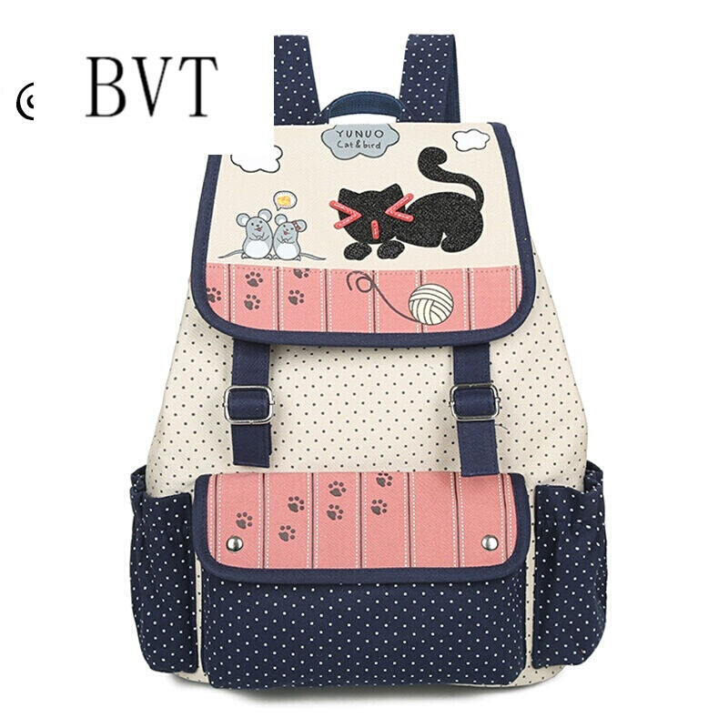 BVT书包女新款中学生书包双肩包女帆布初中生学生书包学院风背包女 粉色