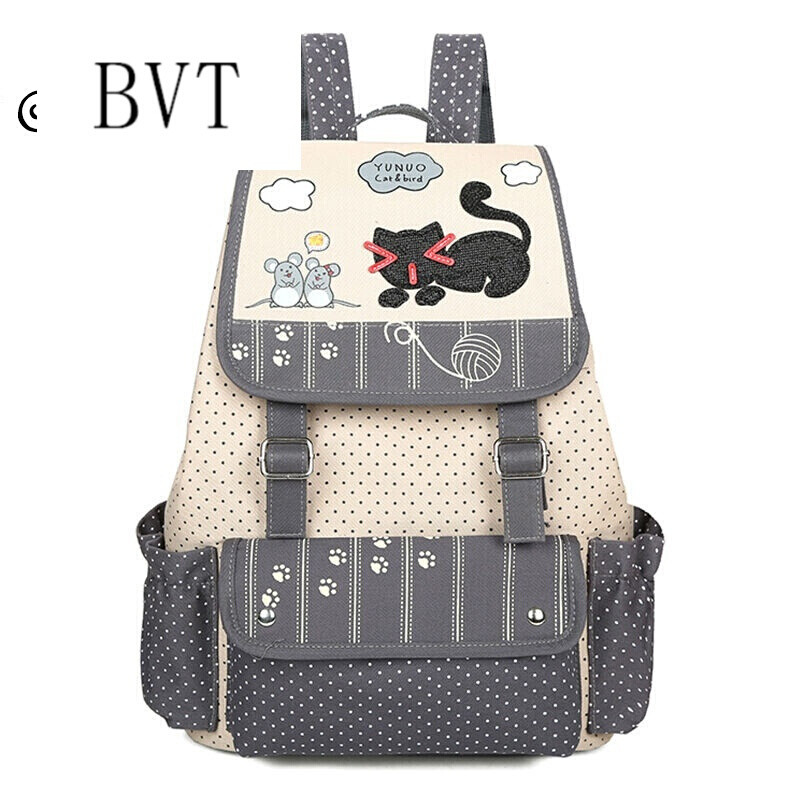 BVT书包女新款中学生书包双肩包女帆布初中生学生书包学院风背包女 灰色