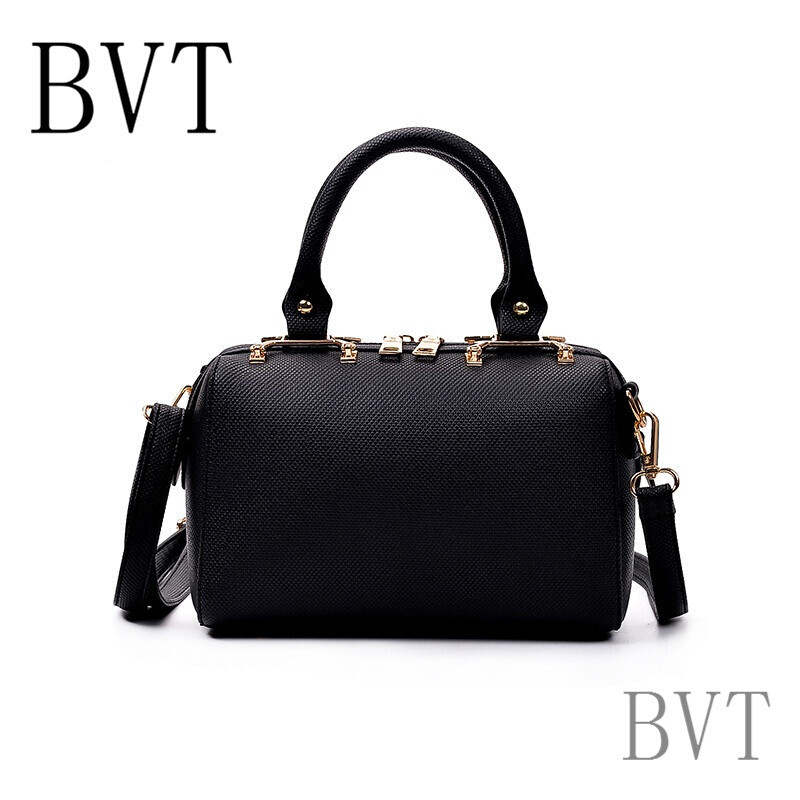 BVT复古波士顿女包手提大包包欧洲站潮流简约斜挎单肩包软牛皮戴妃包 黑色