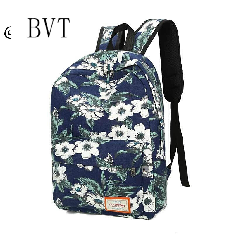 BVT书包女韩版小学生书包女帆布印花休闲学生书包背包男女旅行包 水墨花