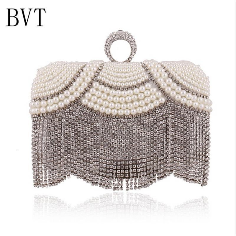 BVT流苏手提包时尚串珠水钻手包晚宴派对手拎包女手拿包单肩斜挎包_7 银色