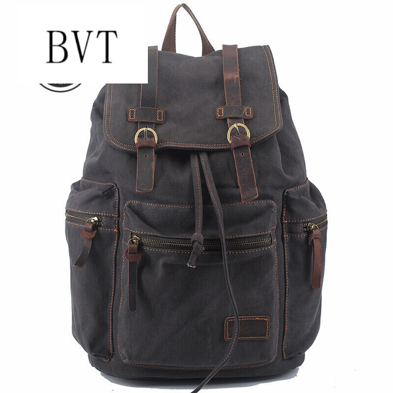 BVT双肩包新款帆布双肩包学院风背包疯马皮经典包包时尚潮流运动女包 灰色