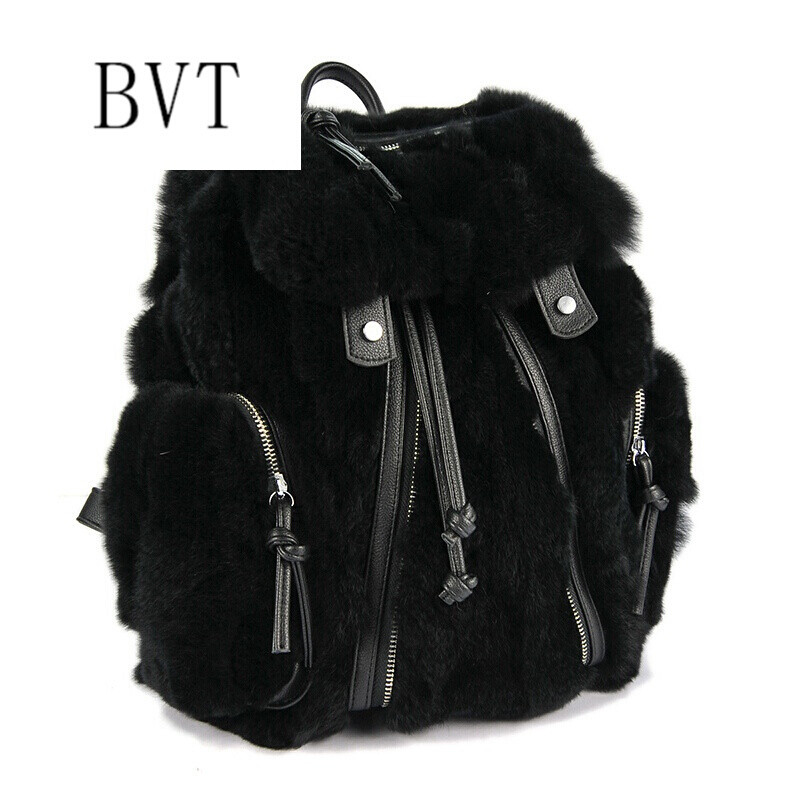 BVT獭兔毛双肩包女皮草真皮毛毛包学院风时尚女背包潮流百搭包 预售6天后发货