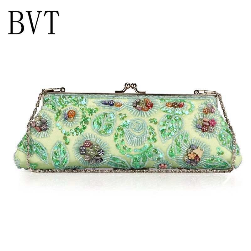 BVT多彩时尚手拿包女士手拿方型宴会包潮流晚宴包绣花旗袍包伴娘手抓包 绿色