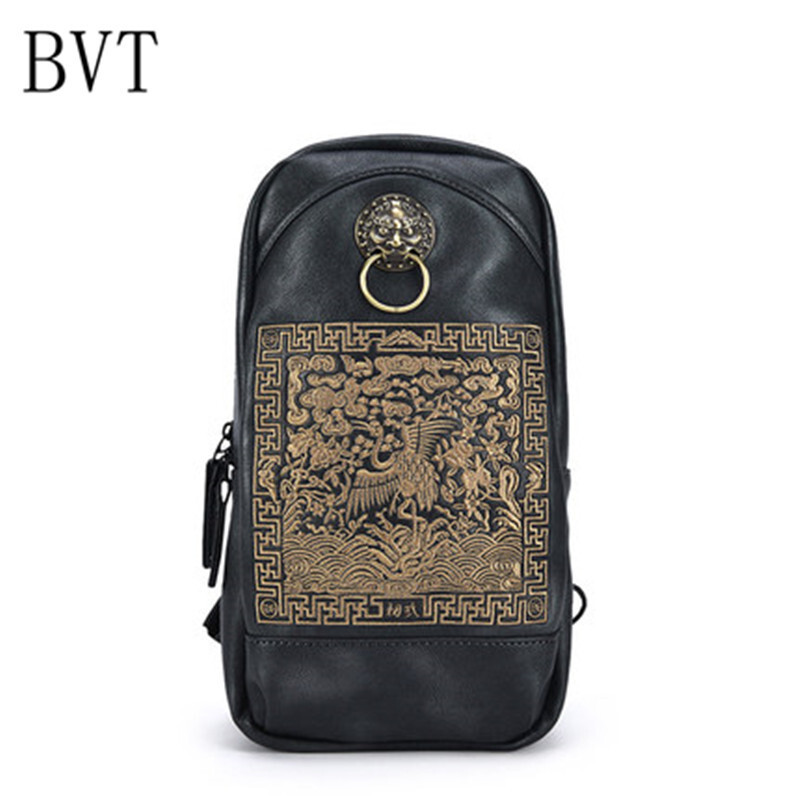 BVT中国风复古男士刺绣胸包街头潮流金鹤祥云刺绣狮子头单肩包个性机车包斜跨包男 金鹤