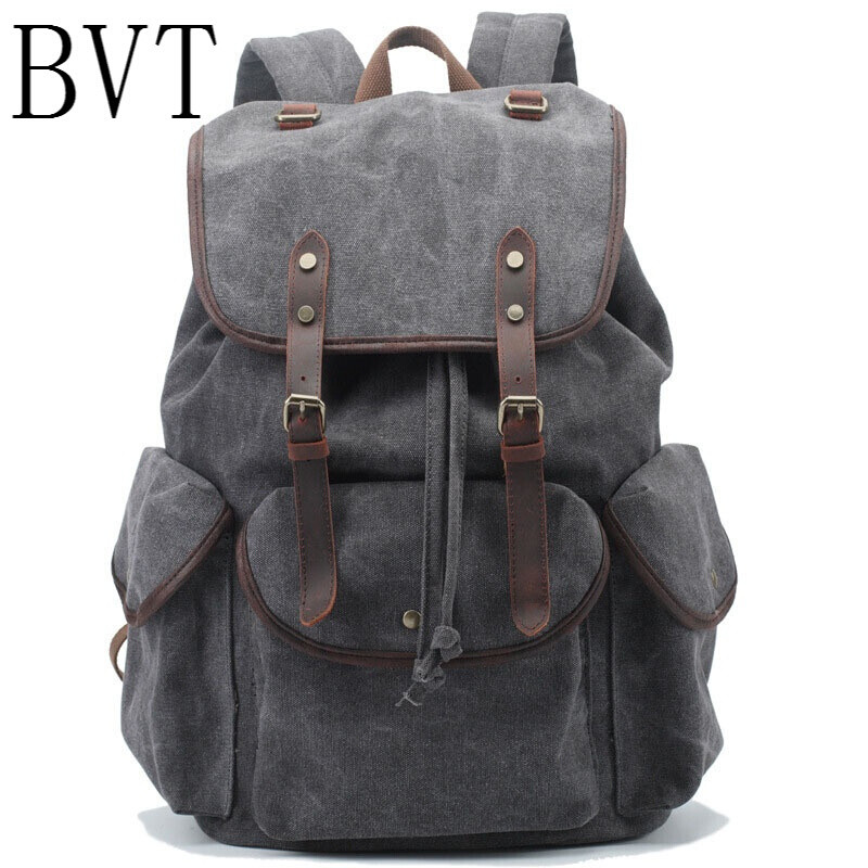 BVT帆布皮双肩包男女休闲电脑背包欧美英伦文艺复古旅行包书包潮 灰色