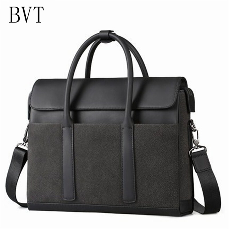 BVT男包公文包男商务手提包真皮横款休闲男士公务包男式牛皮包包黑色 默认颜色