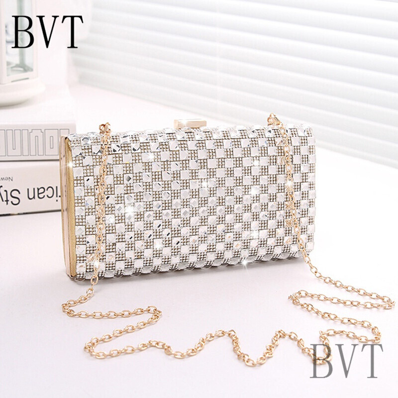 BVT欧美水钻女包包斜挎包金属链条包时尚女士锁扣手机包单肩手提包金色 默认颜色