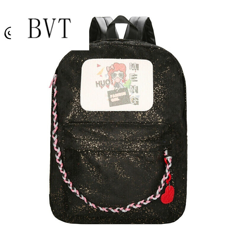 BVT双肩包女韩版学院风中学生书包时尚背包个性休闲大容量旅行包 黑色
