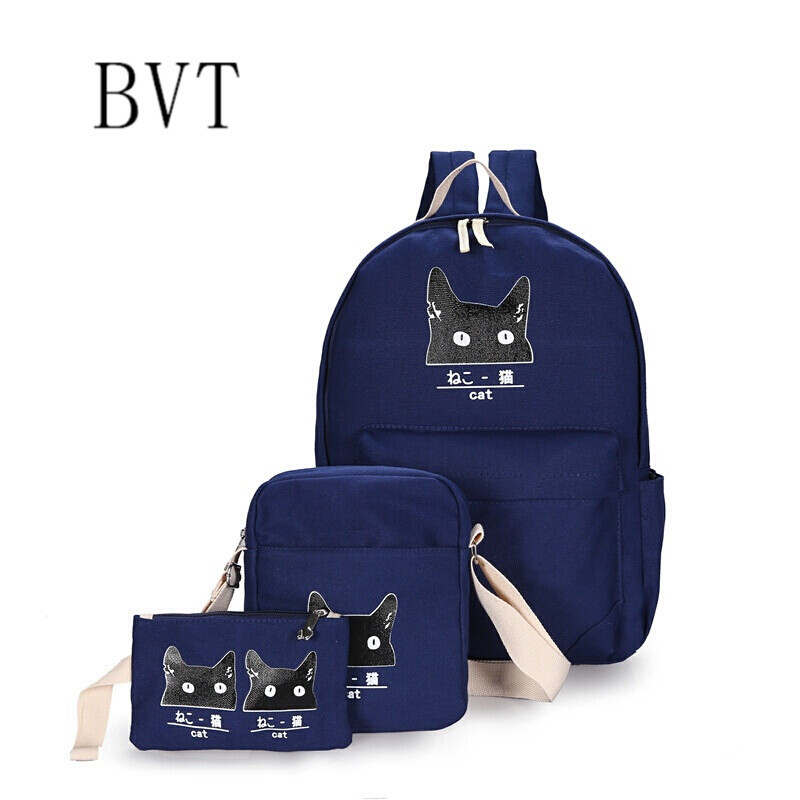 BVT新款韩版女士单肩双肩包两用时尚休闲背包学院风书包女包 黑猫深蓝色