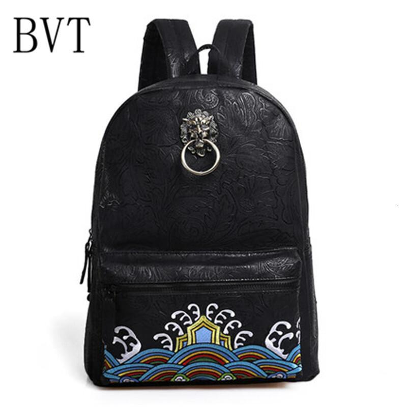 BVT原创复古中国风休闲男包刺绣狮子头学生书包防水户外旅行背包_1 圆狮子头
