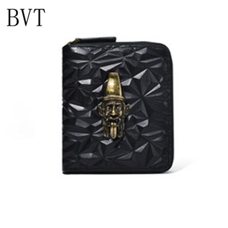 BVT男士短款钱包中国风复古剑狮菱格多卡位拉链短款皮夹钱包竖款迷你钱包 金色无常