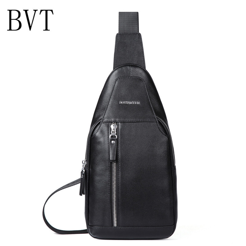BVT男士真皮运动腰包个性牛皮单肩斜挎包时尚多功能小背包黑色 默认颜色