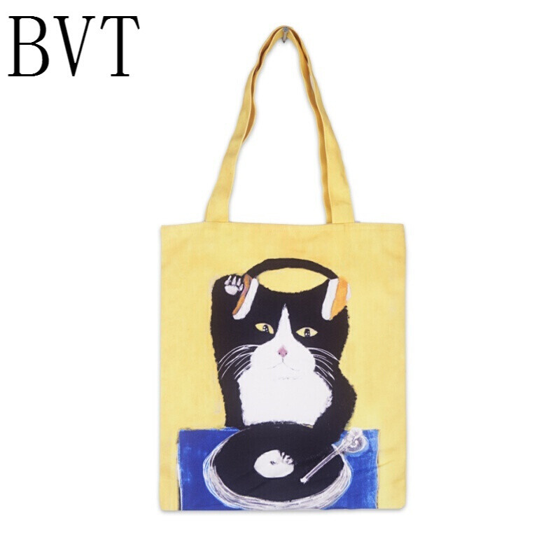BVT原创设计日系可爱动物印花帆布袋单肩包手拎女包购物袋 DJ猫咪