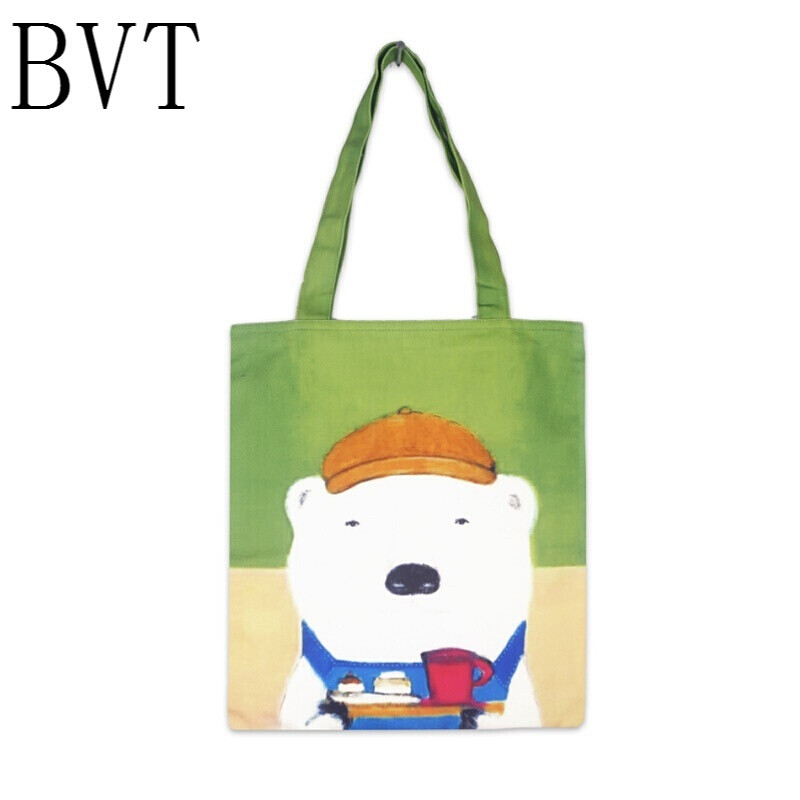 BVT原创设计日系可爱动物印花帆布袋单肩包手拎女包购物袋 北极熊
