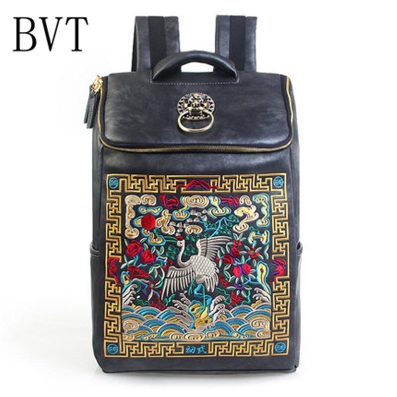 BVT软皮双肩包中国风复古狮子头仙鹤祥云官服刺绣双肩包大容量旅行背包_8 狮子头
