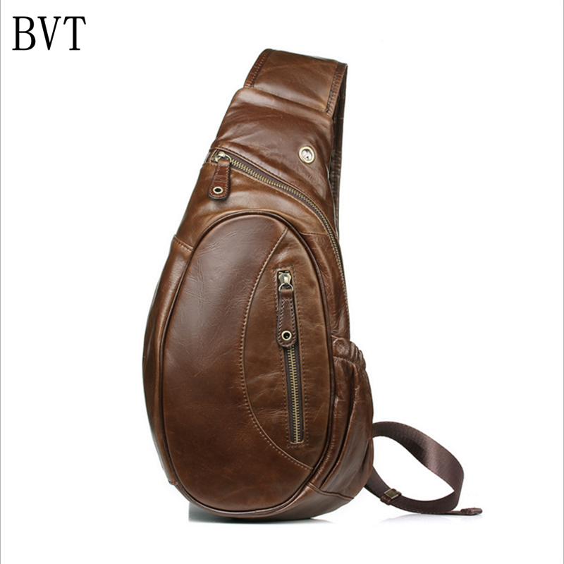BVT男士真皮胸包斜挎包头层牛皮单肩斜挎包大容量胸前包户外骑行背包 卡其