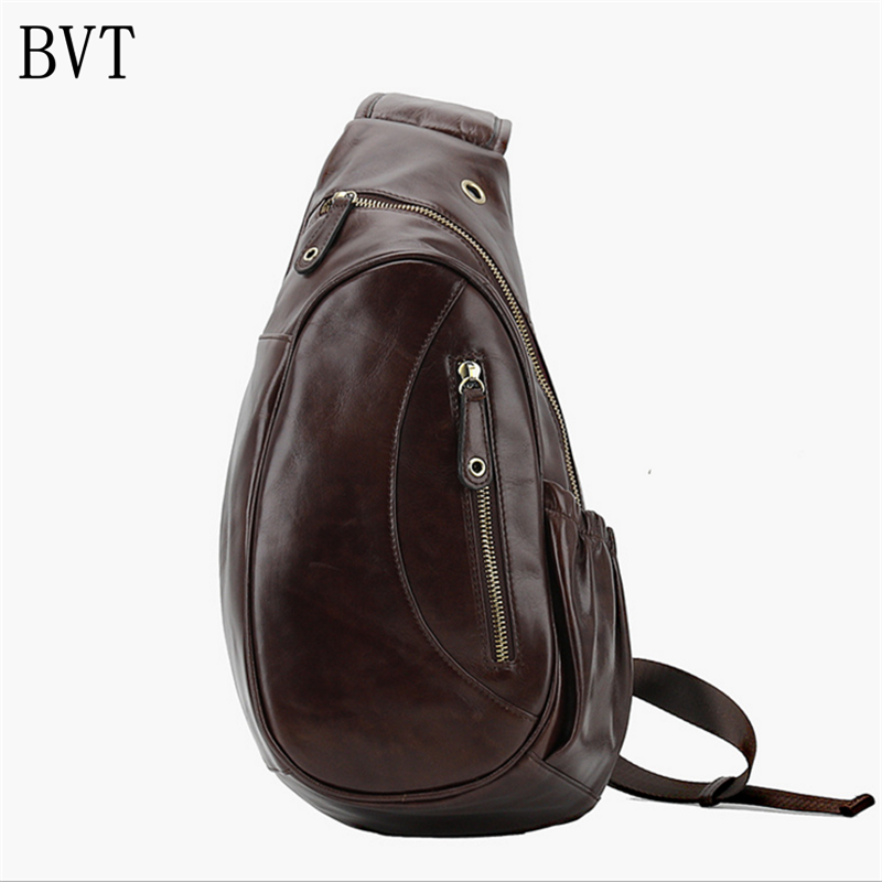 BVT男士真皮胸包斜挎包头层牛皮单肩斜挎包大容量胸前包户外骑行背包 咖色