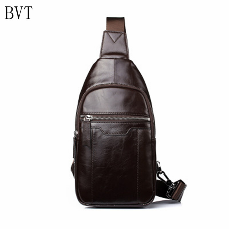BVT男士真皮胸包正品单肩包斜跨包男休闲植鞣牛皮男包潮包 咖色